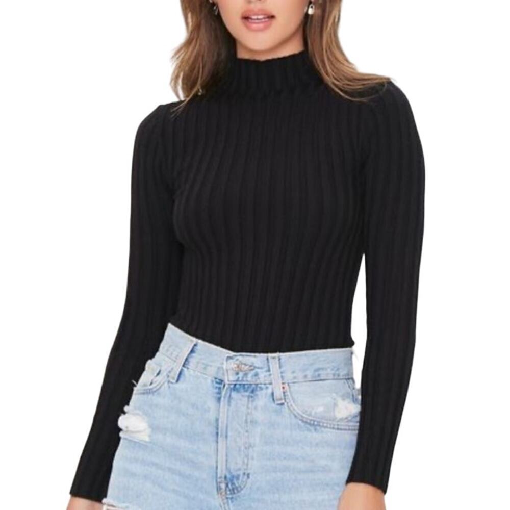 Forever 21 Lettuce Edge Mock Neck Black Bodysuit size Medium